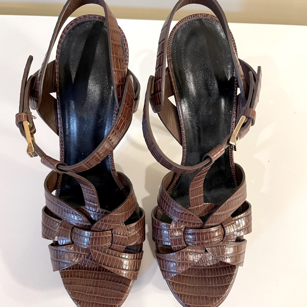 Saint Laurent Tribute Platform Sandal Heels, Brown Croc-Embossed Leather 36 1/2